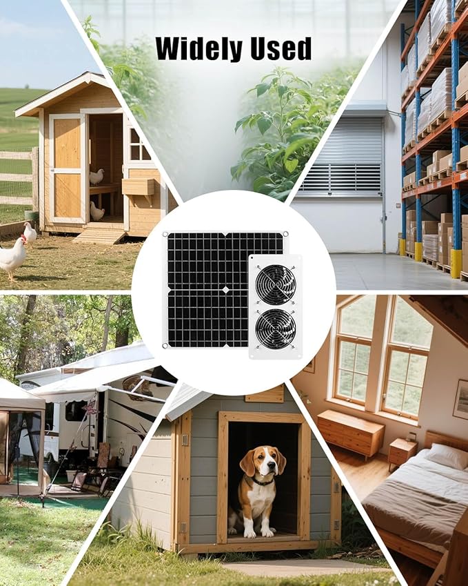 30W Dual Solar Fan Kit for Outside Greenhouse Shed Chicken Coop, IPX7 Waterproof Solar Panel Fan kit with 9.8 FT Power Cord, PV Powerd Cooling Fan for Pet House