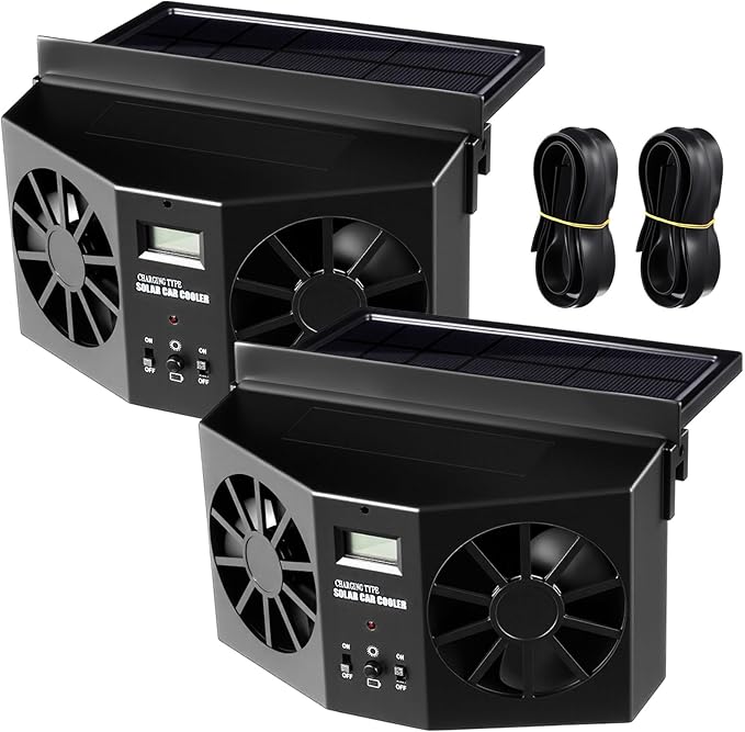 2 Pack Solar Powered Car Exhaust Fan 3 Fans Car Window 4500 RPM Air Vent Radiator Solar Energy Cooling Vent Exhaust for General Types(Solar 2 Fans,Black)