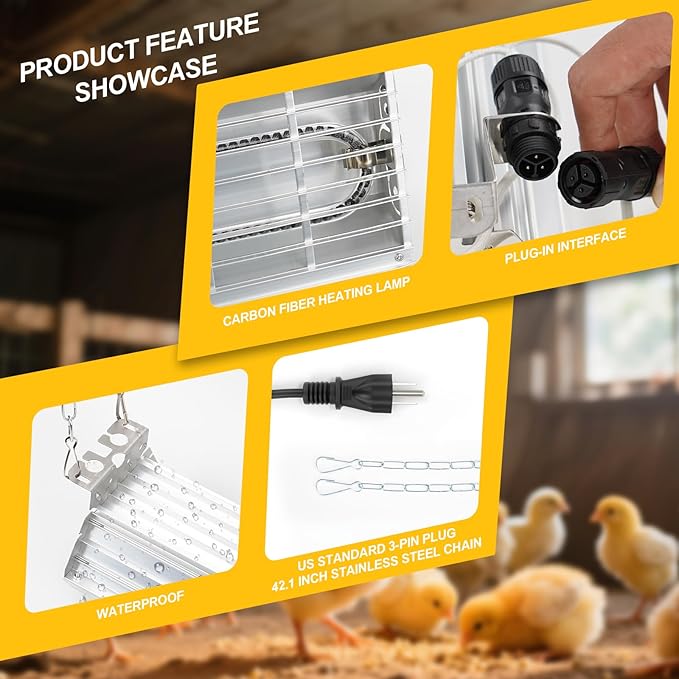 600W Chicken Coop Heater, Carbon FiberChicken Heater for Coop with Adjustable Heating Settings & Hanging Height (600W)