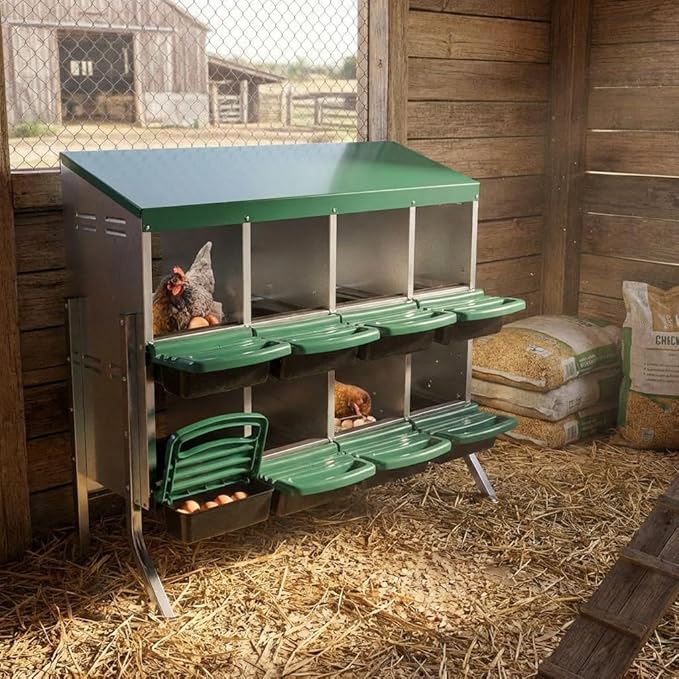 Chicken Nesting Boxes with Cleanable Pull-Out Trays - 8 Hole Metal Rollaway Nest Box for Laying Hens, Wall Mount or Placed Design for Easy Egg Collection & Cleaning
