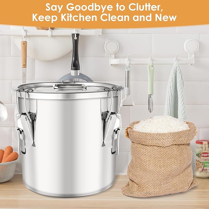 Stainless Steel Containers with Lids,40 lbs Large Capacity Food Storage Containers for Rice Flour Sugar Grain Coffee Bean,Airtight Canister for Kitchen & Pantry Organization