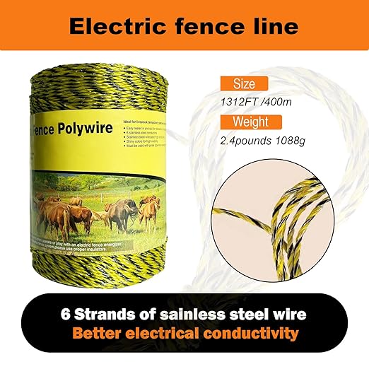 Upgraded Electric Fence Polywire 1312feet 400 Meters,1/8 Diameter Portable Electric Fencing Polywires, 6 Stainless Steel Strands ，Easy to Install,Portable Electronic Fence,Yellow and Black