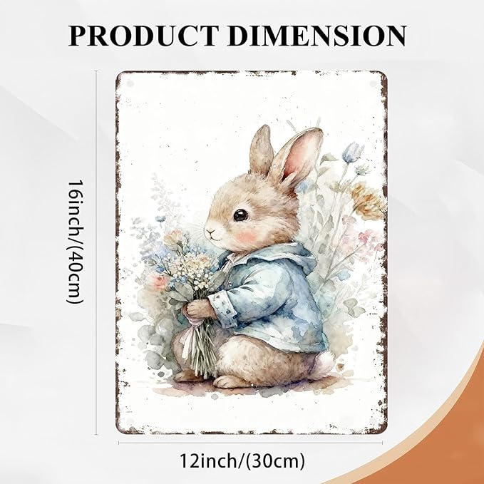 Easter Bunny Metal Tin Sign Wall Art Vintage Rustic for Home Living Room Garden Yard Outdoor Wall 12X16Inch