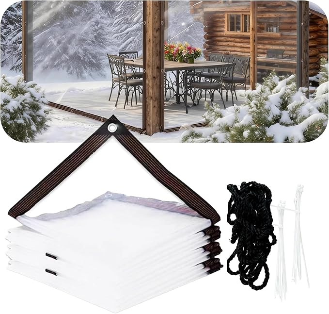 Clear Waterproof Tarp with Grommets, Heavy Duty Vinyl Tarpaulin, Tear Resistant Transparent Cover for Patio, Greenhouse, Garden, Chicken Coop (Includes Ropes & Zip Ties) (3x6FT)