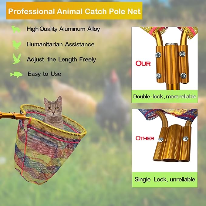 Animal Catch Pole Control Tool,Multi-Functional Catcher Net for Dog,Cat,Rabbit,Chicken,Duck,Goose,Fish,Bird,Raccoon and Others Poultry(67~98" Telescoping Handle with 20" Net Opening)