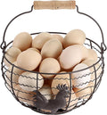 Farmhouse Egg 8'' Basket for Gathering Fresh Eggs, Rustic Metal Wire Chicken Eggs Holder Basket for Countertop Kitchen, Wire Egg Basket Vintage Style, Round, Rooster Pattern, Solid Bottom