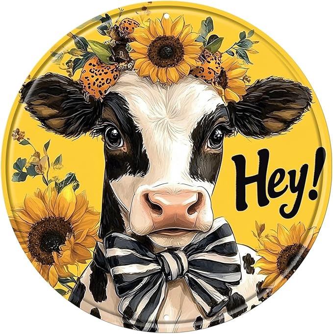Cow Round Metal Tin Sign Wreath Hey Cow Farmhouse Wreath Rustic Vintage Western Wall Decor for Home Kitchen Bar Cafe Restaurant Garage Retro Wall Art Metal Plaque 12x12inch