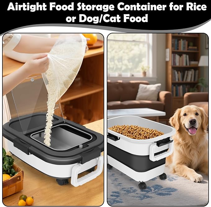 Dog Food Storage Container, 20Lbs Large Collapsible Pet Cat Food Container with Airtight Lids Wheels Handle Scoop Measuring Cup Small Container, Rice Kitchen Dry Food Storage Dispenser Bin (Black)