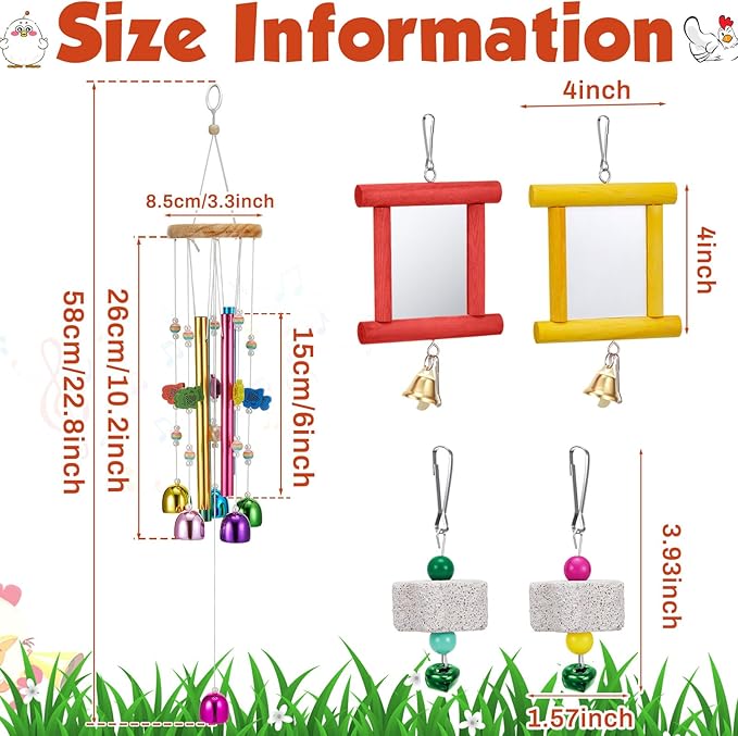 9 Pcs Chicken Toys for Coop, Wind Chime, Chicken Mirror Toys with Bells, Beak Grinding Stones Swing Vegetable Net Bag, Vegetable Fruits Hanging Fork for Hens Bird Parrot