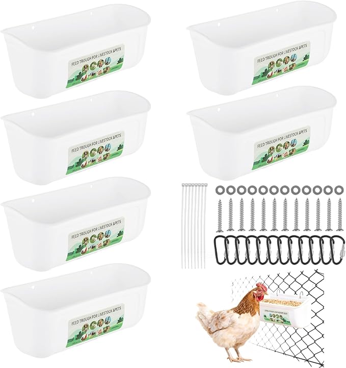 6 Pack Goat Feeder Hanging 3.5 Quart Chicken Waterer Feeder Trough, Fence Feeders with Clips for Poultry Livestock, White
