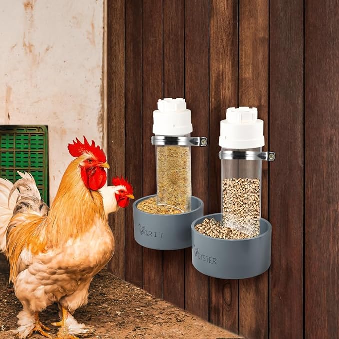 2 Pack Transparent PVC Chicken Feeder, Oyster Shell and Grit Feeder Hanging Ground Chicken Coop Feeder with Hanging Hook for Hens & Chicks (Grey)
