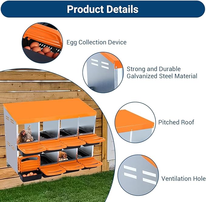 Chicken Nesting Box, 8 Hole 2 Layer Hen Nest Boxes, Roll-Away Egg Collection System with Ventilation Holes，Rustproof Plastic Tray & Keyhole Mounting, Chicken Laying Box
