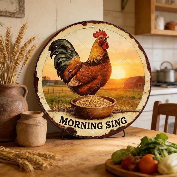 Chicken Signs Rooster Kitchen Round Wall Decor Morning Sing Metal Tin Sign Funny Chicken Coop Accessories Rooster Decor Home Garden Farm Yard Office 8 Inch