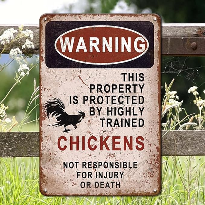YOYI ART Metal Warning Chicken Signs for Coop Funny Outdoor - Vintage Tin Sign for Chicken Coop, Outdoor, Kitchen, Farmhouse Wall Decor Art Accessories, Chicken Gifts for Women, 8 x 12 inch