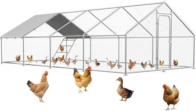 Large Metal Chicken Coop Run with Roosting Perch– Outdoor Waterproof & UV-Resistant Cover for Chickens, Ducks, Rabbits, and Hens in Yard or Farm Use Spire Roof(13.1'Wx26.2'Lx 6.5'H)