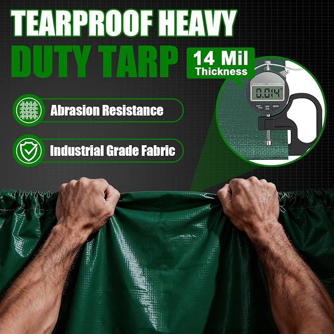 Sunvigor Tarp Waterproof 8x10Ft, Extra Thick 14 Mil Heavy Duty Tarp Cover, Tear & Fade Resistant, Outdoor Tarps with Brass Grommets and Reinforced Edges for Roof, Camping, Patio, Boat (Green)