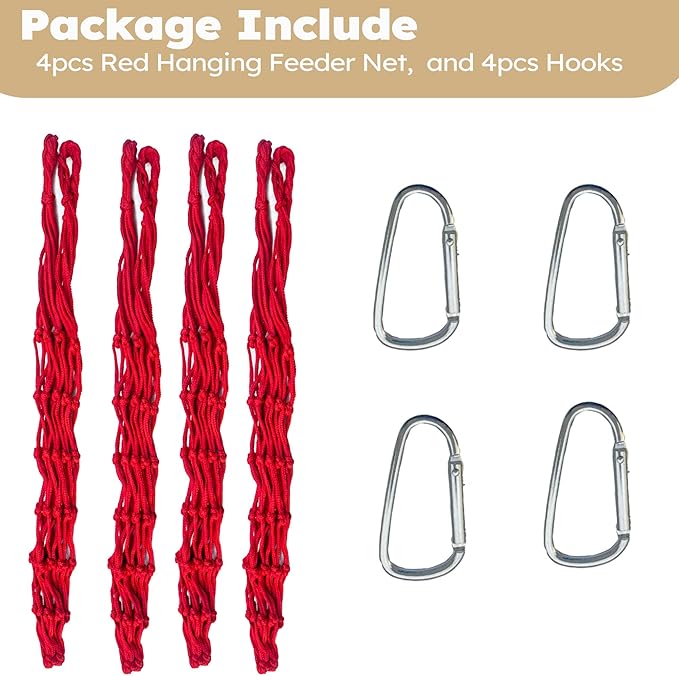 Chicken Vegetable Hanging Feeder 4 PCS, Reusable String Bag with Hook for Chicken Toys, Poultry Fruit Holder for Hens and Ducks, Lettuce Cabbage Feeder for Enrichment, Chicken Coop Accessories(Red)