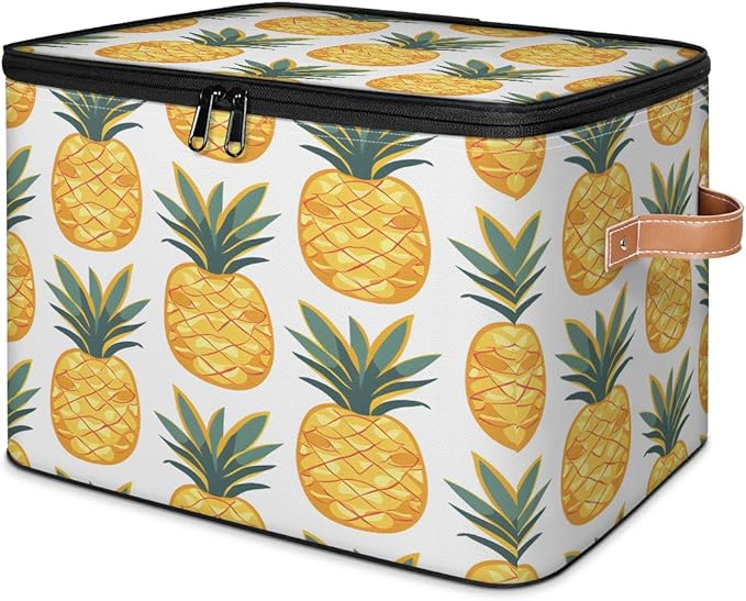 Yellow Pineapple Storage Bins With Lids Fabric Collapsible Storage Box with Leather Handles for Home Bedroom Foldable Closet Shelf Organizer