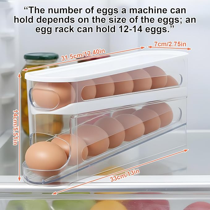 Egg Holder for Fridges 2 Pack, Auto Rolling Fridge Egg Carton 14 Grid Space Saving Clear Eggs Storage Box Eggs Dispenser Rolls Stackable Container with Lid for Fridge and Kitchen Cabinet