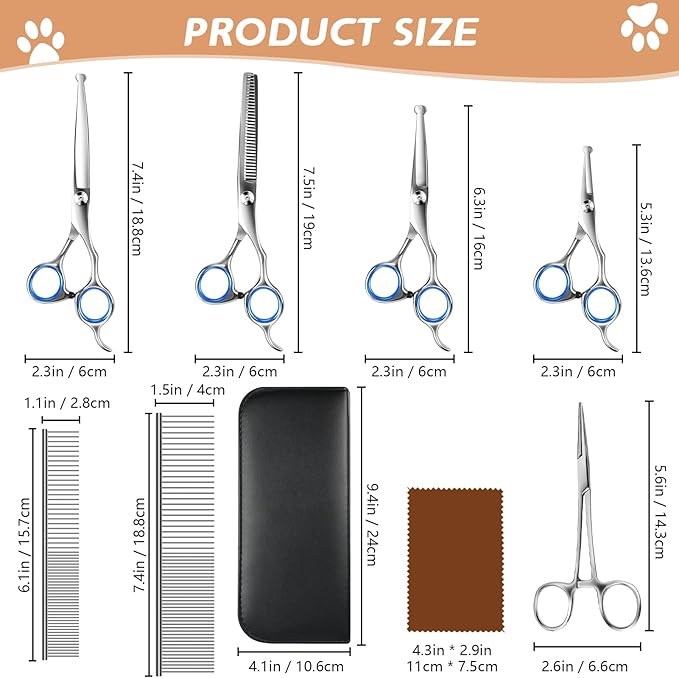 Niura Pet Grooming Scissors Set - Professional Stainless Steel Grooming Kit with Curved, Straight, Thinning, Round Tip Scissors, Combs, Ear Cleaning Hemostat Forceps & Storage Bag