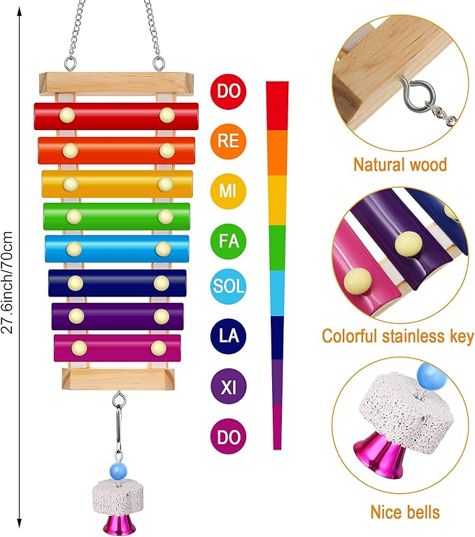 Gejoy 6 Pieces Chicken Toys for Coop Accessries Wooden Stand Mirror with Bells Coop Swing Veggies Fruit Skewer Vegetable Hanging Feeder Chewing Foraging Toys for Chicken