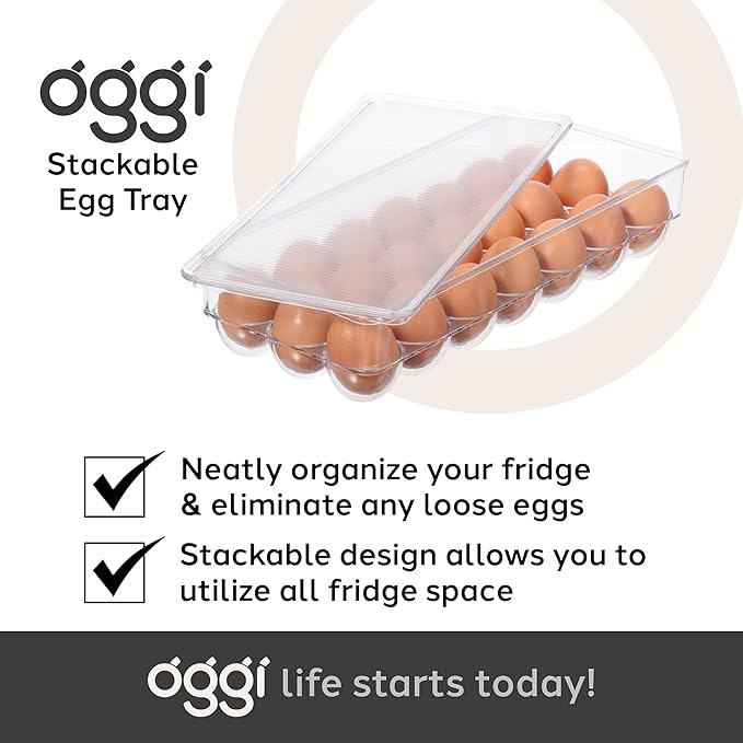 Oggi Stackable Covered Egg Holder - Kitchen Organization, Fridge Organizer, Food Storage, Clear Stackable Storage Bins, 21 Egg Tray