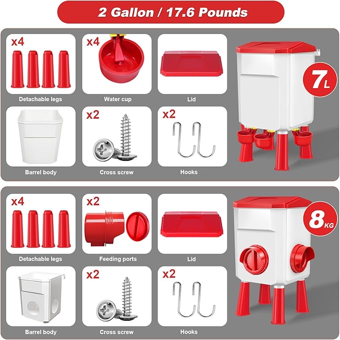 Chicken Feeder and Waterer Set with 2 Gallon/17.6 Pounds, Automatic Chick Feeder and Waterer Set No Waste， Poultry Feeder Large for Hens/Ducks/Poultry