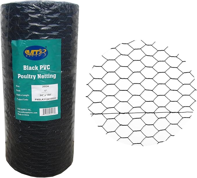PVC Hexagonal Poultry Netting Chicken Wire 24" x150' x 1" Mesh 20GA Black