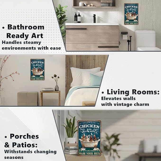 Funny Chicken Bathroom Sign Chicken Coop Metal Decor Wash Your Feets Tin Signs Vintage Wall Art For Home Restroom Washroom Cafe Indoor Kitchen Toilet Farmhouse Bar 12 * 8 In