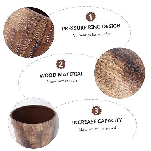 VICASKY Retro Trash Can Ornament Container Metal Storage Baskets Lip Gloss Containers Small Trash Can Rubbish Bin Wood Grain Wastebasket Garbage Bin Living Room Garbage Brown