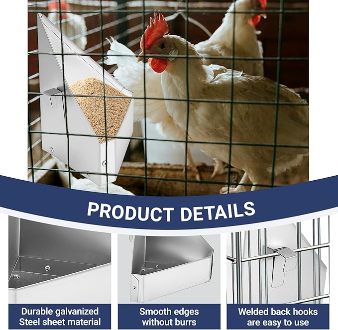 2Pcs Chicken Feeders for Cages,Small Metal Trough Feeder Galvanized Steel Rain Proof Chicken Coop Accessories Supplies Hanging Corner Poultry Feeder Food Dispenser for Chicken Ducks Pet Small Animals