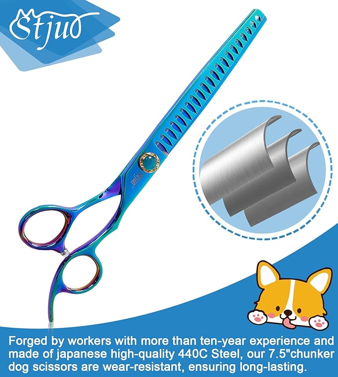 7.5'' Dog Chunker Scissors for Grooming 440C Stainless Steel Green Professional Pet Trimming Scissors Sharp Blades Cutting for Dogs and Cats Shears