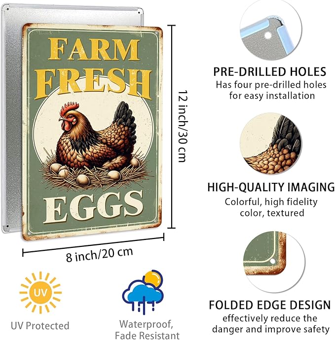 Farm Fresh Eggs Metal Tin Sign Funny Retro Chicken Coop Accessories Farmhouse Home Kitchen Wall Art Decor 8x12 Inch
