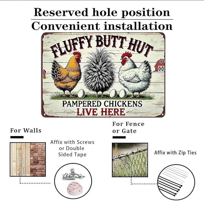 Funnysign Vintage Fluffy Butt Hut Pampered Chickens Live Here Chicken Tin Sign for Chicken Coop Farm Kitchen Garden Yard Decor 8x12 inch (3941)