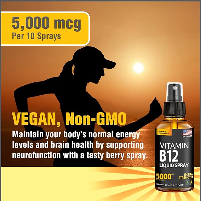 Vitamin B12 Sublingual Spray 5000 mcg – Vegan Methylcobalamin Liquid B12 Boost Energy, Mood & Brain Health - Gluten-Free, Non-GMO B12 Spray for Men & Women - Easy Dosage (5000 mcg in 10 Sprays)