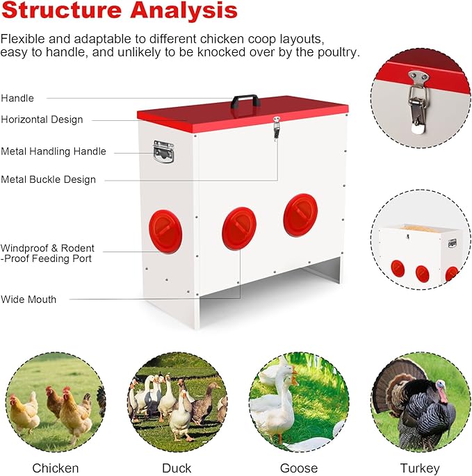 Professional Automatic Chicken Feeder (50LB) - 6 Port Metal Chicken Feeder，Large Capacity Automatic Poultry Feeder System, No Waste Poultry Feeder with Locking Lid for Chickens, Ducks&Poultry