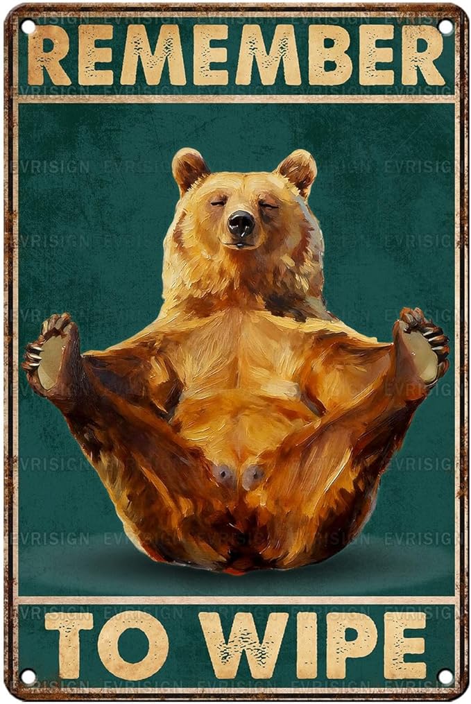 Vintage Bear Tin Sign Remember To Wipe Retro Bathroom Metal Sign Nostalgic Wall Decor Decorations for Home Toilet Cafe Kitchen Bar Man cave 12 * 8In