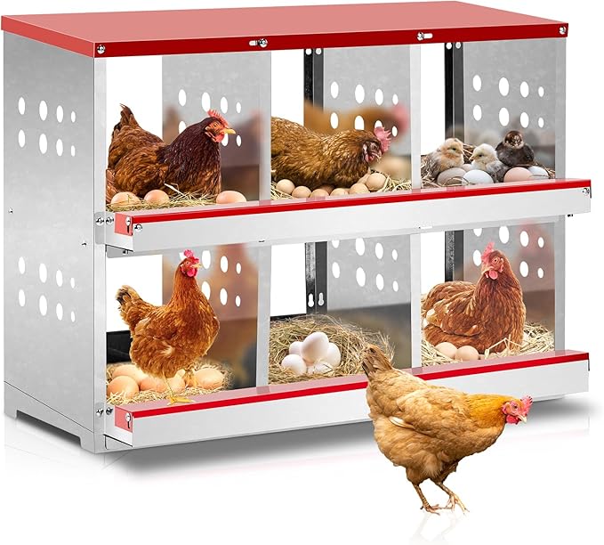 Outvita Chicken Nesting Box, 6 Compartments Roll Away Nesting Boxes, 6 Room Wall Mountable Egg Laying Boxes for Hen, Red