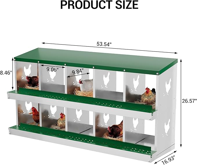 10-Compartment Metal Chicken Nesting Box - with Perch, Secure Lid & Metal Legs, Wall-Mount or Free-Standing Nesting Boxes for Hens