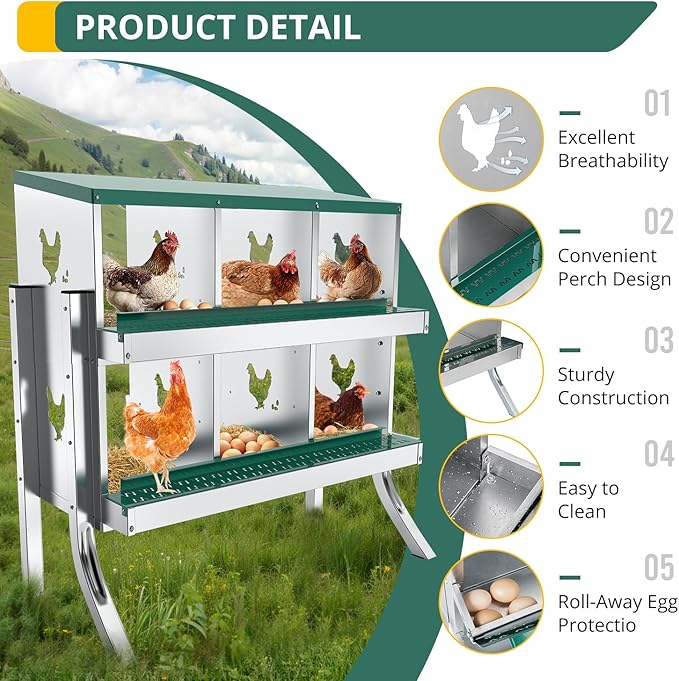 6 Compartment Chicken Nesting Box - Heavy Duty Metal Coop with Roll Away Egg Collection, Perch, Lid Cover for Egg Protection - Wall Mount/Free Standing Nest Box for Chickens, Hens, Ducks