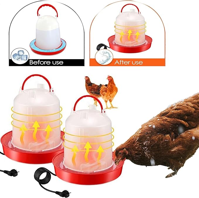Heated Chicken Waterer, Thermostatically Controlled Heated 6L Outdoor Hanging Heated Poultry Waterer, Chicken Water Heater for Winter Chickens Duck Goose Turkey Coop (red_2pcs, 11.02inch)