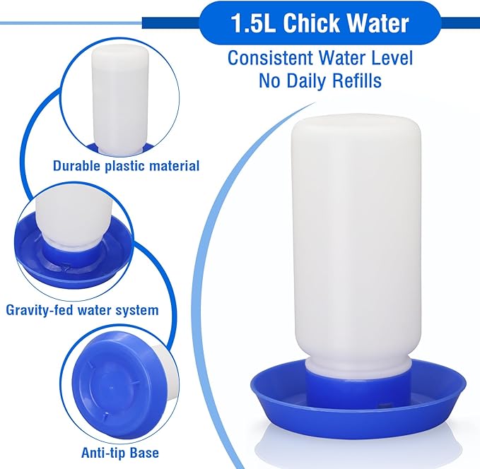 Chick Feeder and Waterer Set No Waste Automatic Chicken Feeder and 1L Waterer for Baby Chicks, Ducks, and Quail – Brooder Starter Kit (Blue)