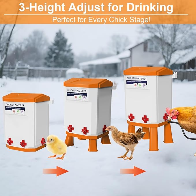 Heated Chicken Waterer 2 Gallon, Chicken Water Heater for Winter, Freeze Proof Chicken Waterer, 4 Nipples for Clean Water，Detachable Legs, Adjustable Height for Chickens, Pigeons, Beaked Poultry