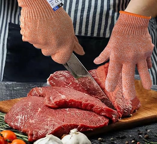 Cutting Gloves, Food Grade Level 5 Protection, Safety Kitchen Cut Gloves for Oyster Shucking, Fish Fillet Processing, Mandolin Slicing, Meat Cutting and Wood Carving. (Orange-Large 1 Pairs)