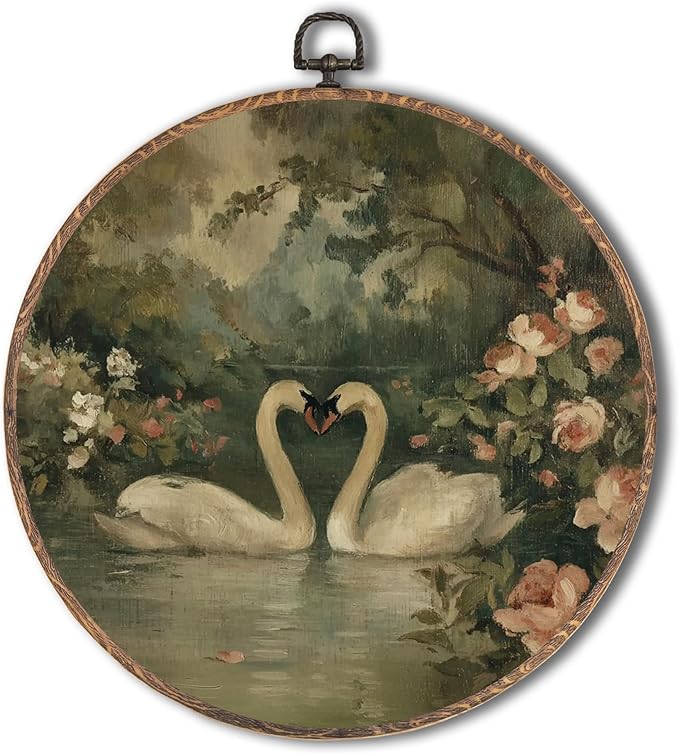 Yorhifa Vintage Swan Framed Wall Art, Cottagecore Elegant Animal Round Wall Art, Romantic White Swan Round Walls Decor, Rustic Floral Lake Landscape Circle Canvas Artwork Hanging Decor, 10x10in