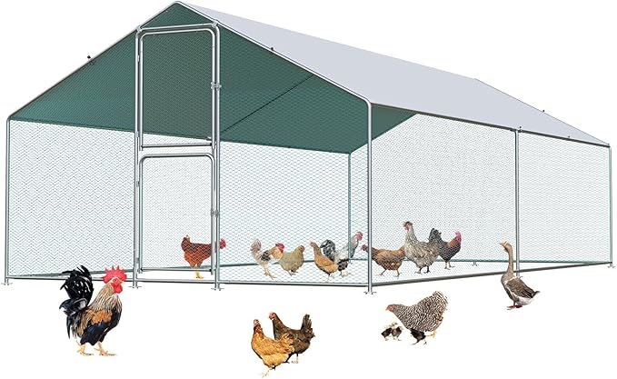 LotFun Metal Chicken Coop, Outdoor Chicken Runs for Yard with Waterproof & Anti-UV Cover, Double Lockable Doors, Outdoor Hen/Duck/Rabbit Runs for 10-30 Chickens (13.1 x 6.6 x 9.8 FT)
