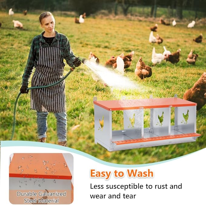 4-Bay Wall Mounted Metal Nesting Box for Chickens and Ducks, Heavy Duty Galvanized Steel Chicken Coop Laying Nest with Ventilation Holes, Orange (3-Orange)
