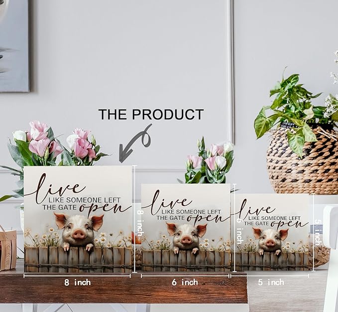 Pig Signs - Farm Cottagecore Animal Office Kitchen Bedroom Decor,Rustic Farmhouse Live like Someone Left the Gate Open Home Decor Wooden Signs,Pig Gifts for Women,8x8