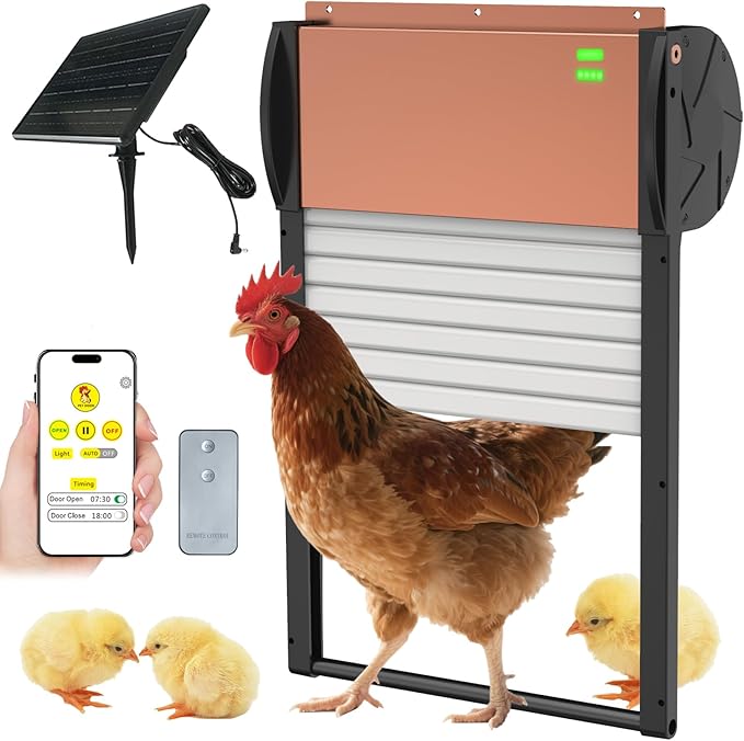Automatic Chicken Coop Door Solar & Battery Powered with APP Control, Programmable Timer & Light Sensor, 5 Modes Aluminum Chicken Door with Remote Control, Anti-Pinch Protection, Weather Proof