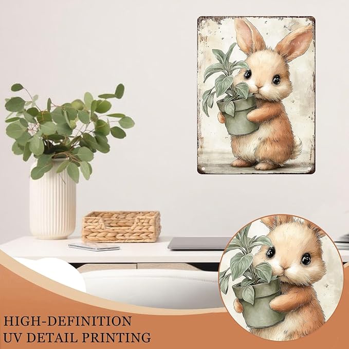 Easter bunny Tin Sign metal plaque Vintage bunny art gift for garden bedroom living room kitchen wall decoration 12X16Inch